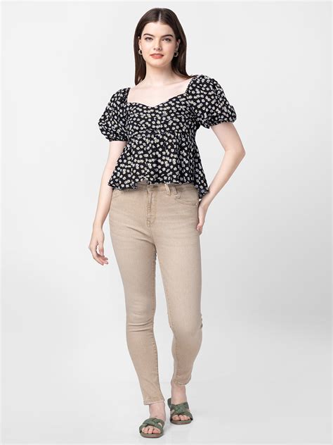 Spykar Women Black Cotton Floral Crop Top - wshps1bc014black