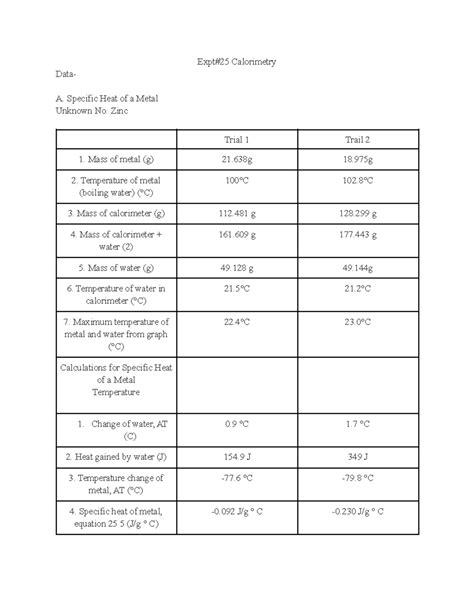 Expt#25 Calorimetry - lab report - Expt#25 Calorimetry Data- A ...