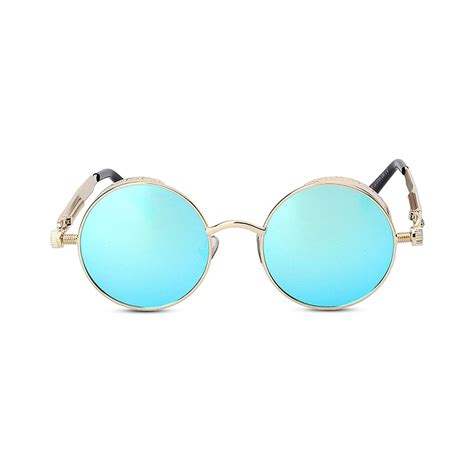 DISC Series Round Steampunk Sunglasses - Gold Frame Blue Mirrored Lens ...