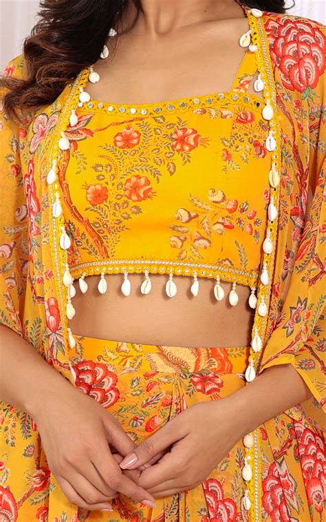 Niharika Mustard Floral Printed Georgette Crop Top & Draped Skirt Co-o