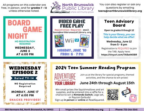 Teen Programs June 2024 Calendar — North Brunswick Public Library