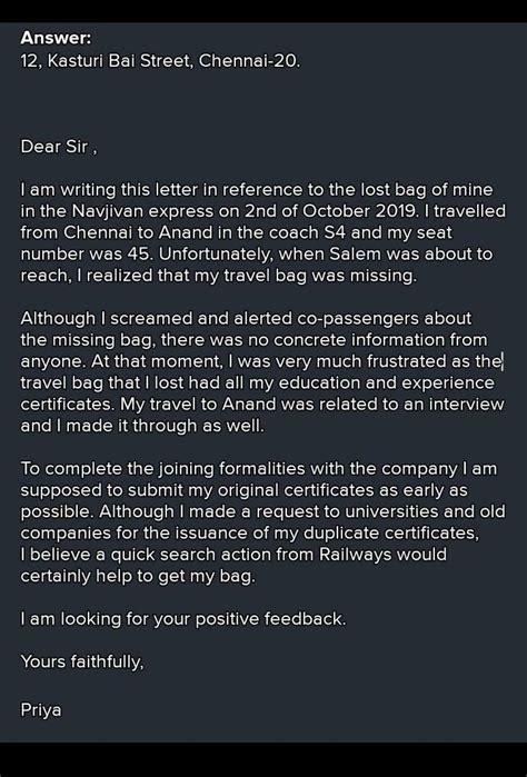 You have left your duffle bag on a train. Write a letter to the railway ...