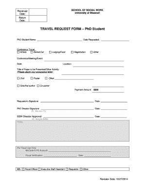 Fillable Online ssw missouri TRAVEL REQUEST FORM PhD Student Fax Email ...
