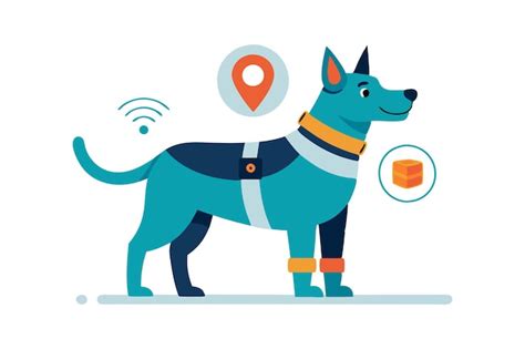 Stylish vector illustration of a happy dog with location and activity ...