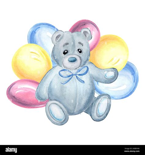 Watercolor Teddy Bear in blue bow with colorful balloons. Composition ...