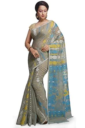 Buy WoodenTant Women’s Soft Resham Dhakai Jamdani Saree In Beige ...