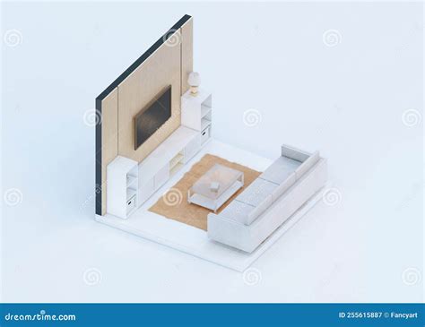 Isometric View of Living Room 3d Rendering Orthographic View Stock Illustration - Illustration ...