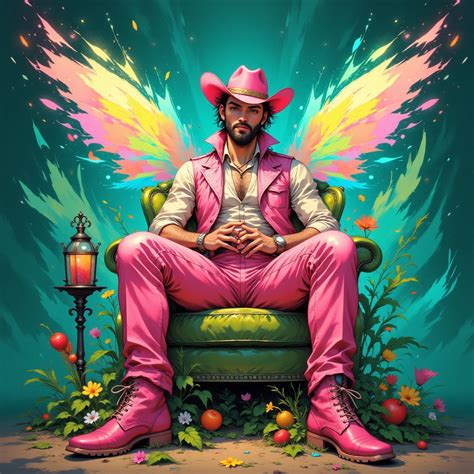 a male flamboyant fairy wearing pink chaps and a