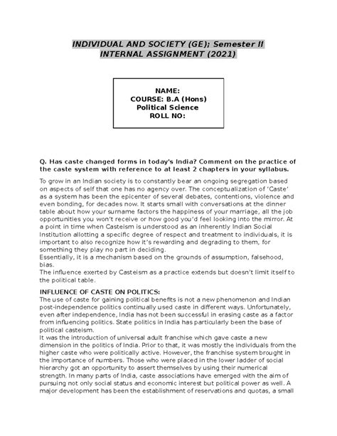 GE (IA) Sem II - Caste System in Modern India: Politics & Societal ...
