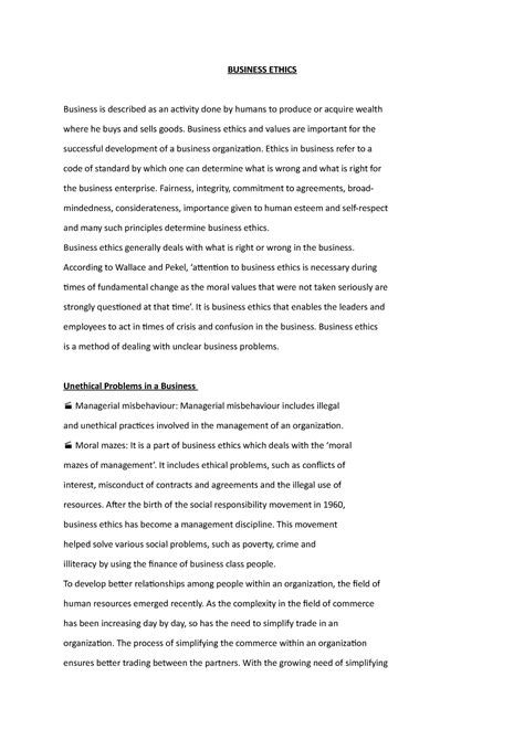 Becg 3 - Summary note - BUSINESS ETHICS Business is described as an ...