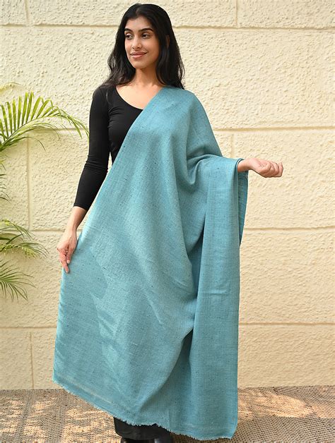 Buy Fine, Soft Himachal Wool Self Striped Shawl - Aqua Cloud Online