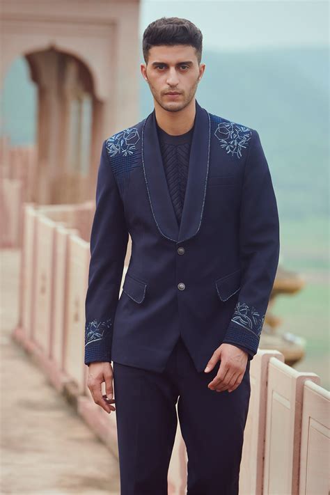 Navy Blue Tuxedo With Shoulder And Sleeve Embroidery – Rachit Khanna