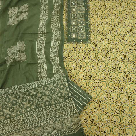 Bayhiss Honey Yellow Patra Work Ajrak Printed Cotton Suit Set ...