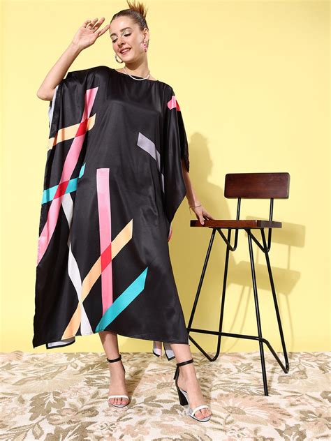 Women's Satin Black & Multicoloured Kaftan Dress – Stylestone