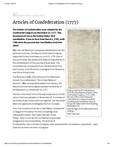 Articles of Confederation (1777) National Archives - Citation: Articles ...