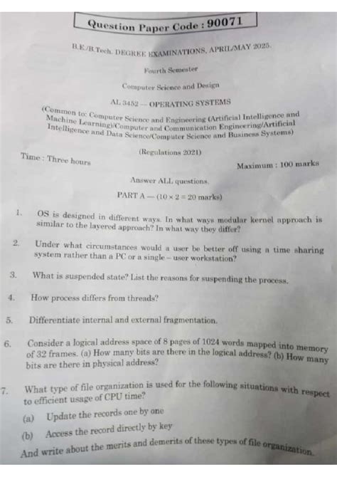 AL3452 Operating Systems Question Paper - Degree Exam 2025 - Studocu