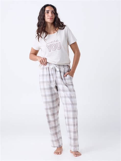 Buy Wunderlove Grey Checkered High-Rise Cotton Pants from Westside