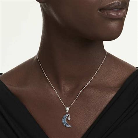 Symbolica pendant, Round cut, Moon, Blue, Rhodium plated | Swarovski