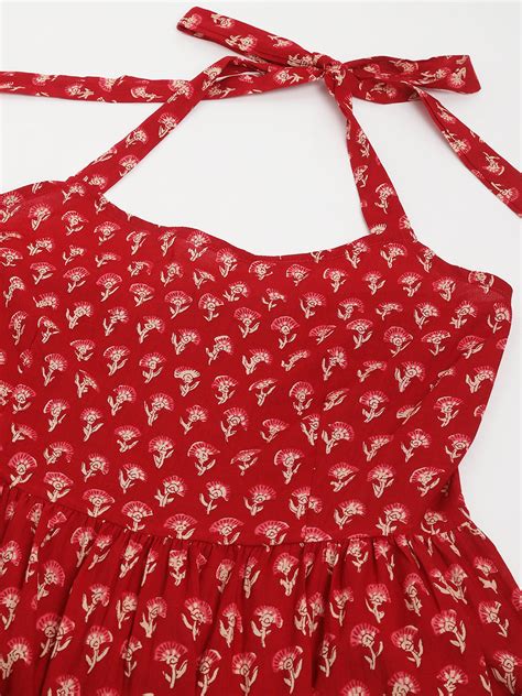 Divena Red Floral Printed Cotton Halter Neck Ethnic Tiered Dress ...