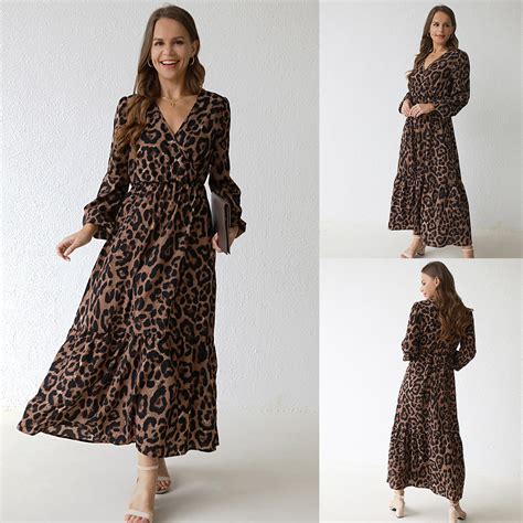 Sexy Leopard Print Party Long Sleeve Retro Casual Fashion Maxi Dress