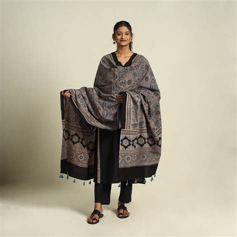 Brown Block Print Cotton Ajrakh Dupatta With Tassels