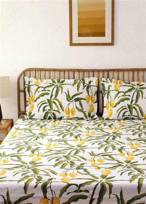 Get Yellow Mango Printed Double Fitted Bedsheet Set at ₹ 3299 | LBB Shop