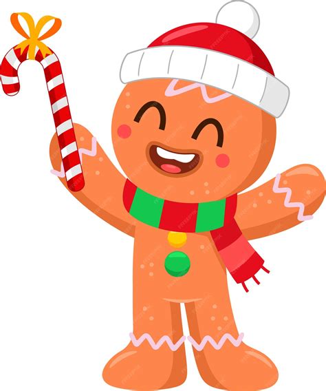 Cute christmas gingerbread man cartoon character holding up a candy ...