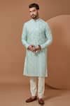 Buy Blue Silk, Cotton Mirrors, Embroidery Mandarin Collar Kurta And ...