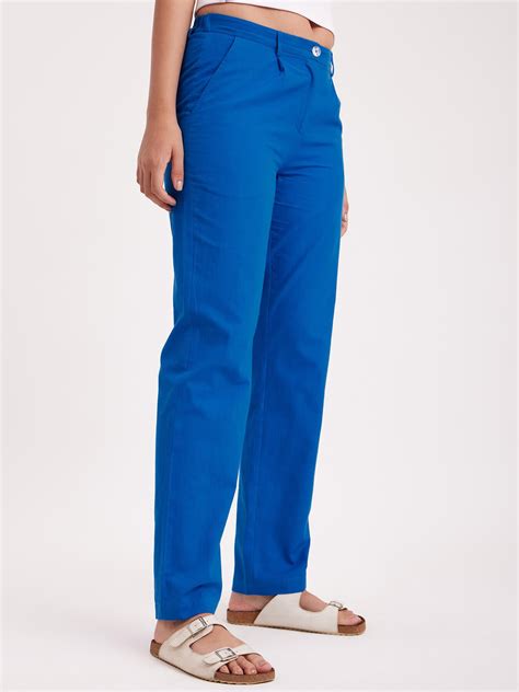 Buy Royal Blue Linen Straight Fit Trousers Online | FableStreet