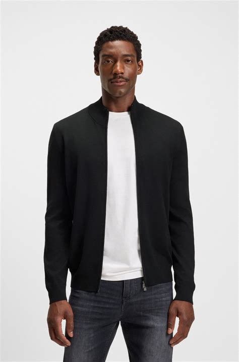 BOSS - Zip-up cardigan in extra-fine merino wool - Black