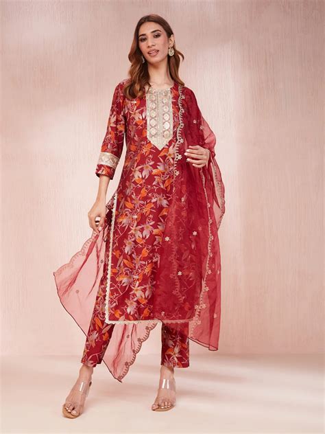 Maroon Floral Print Sequins Work Straight Kurta Trouser And Dupatta Se ...