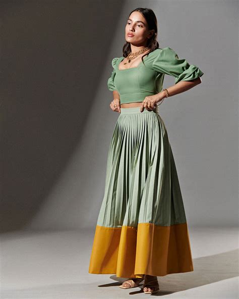 Buy Leaf & Mustard Yellow Pleated Maxi Skirt| The RealB