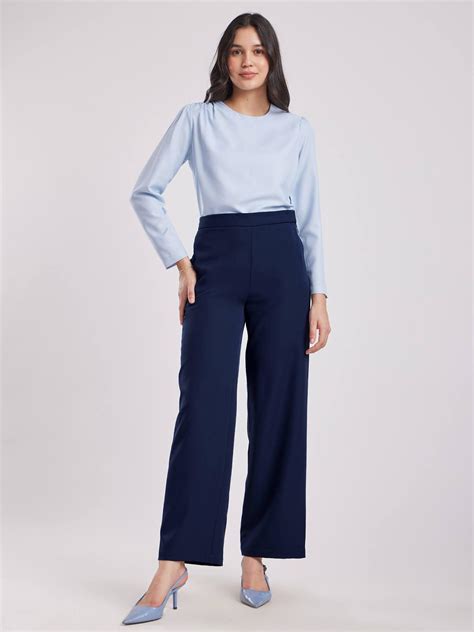 Buy Navy High Waist Wide Leg Formal Trousers Online | FableStreet