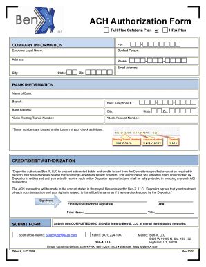 ACH Authorization Form for Cafeteria Plan or HRA - Blank Fillable ...