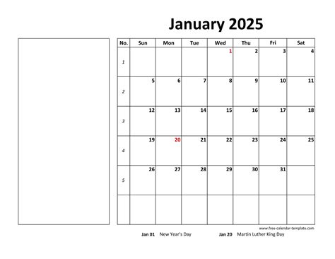 Printable January 2025 Calendar (box and lines for notes) | Free ...
