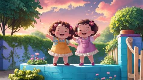 The two cheerful little girls on blue wall | Premium AI-generated image