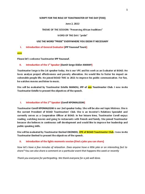 Image result for Toastmaster Role Script