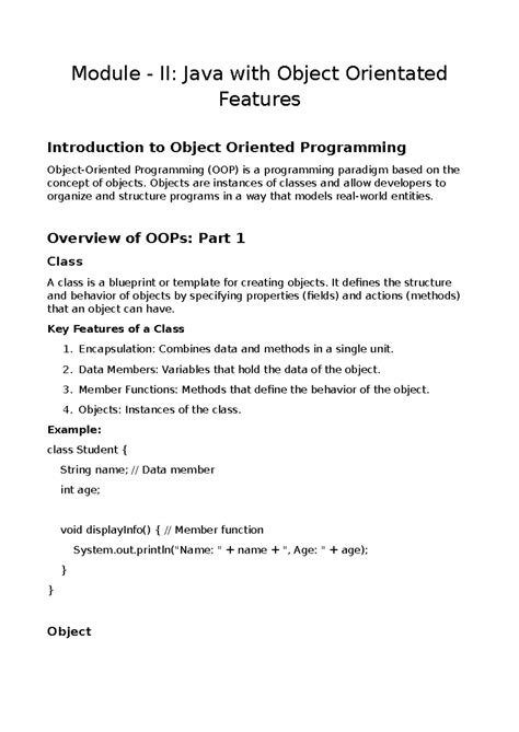 Module II: Java OOP Concepts and Features Overview - Studocu