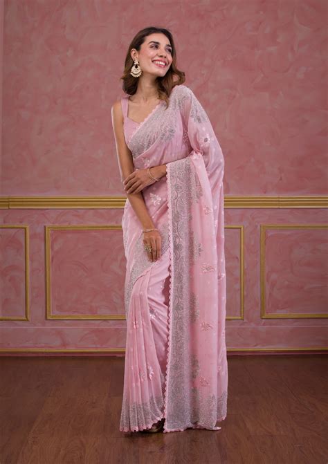 Buy Pink Stonework Semi Crepe Saree - Koskii