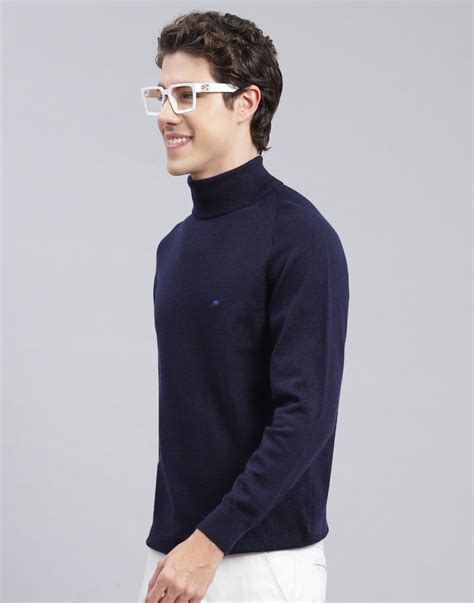 Buy Men Navy Blue Solid High Neck Full Sleeve Pullover Online in India ...