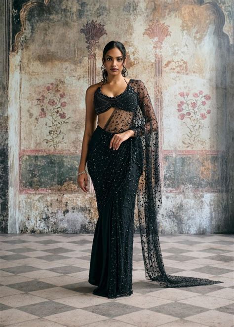 Aliara Black Modal Satin Rhinestone Embellished Saree Set