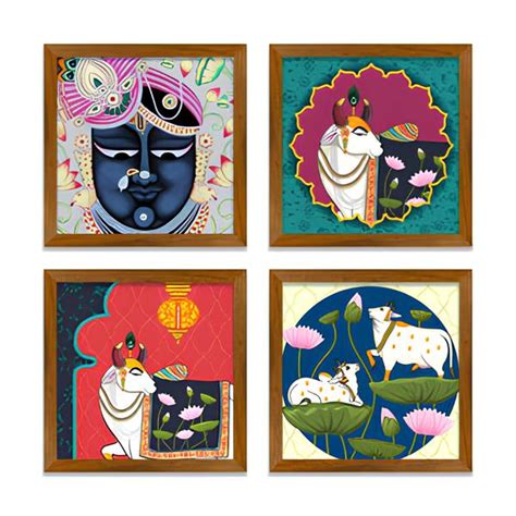 Lord Shrinathji Pichwai Cow Wooden Wall Frame Set of Four – Inkyprinty.in