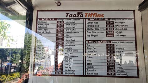 Menu at Taaza Tiffins, Hyderabad, APSRTC Bus Station, Muttuguda Rd