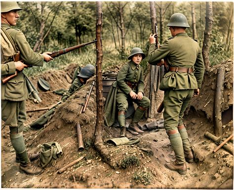 Soldiers in uniforms are standing in a trench with a rifle - SeaArt AI