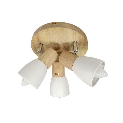 Lan round wooden ceiling lamp with 3 white spotlights for E14 bulbs.