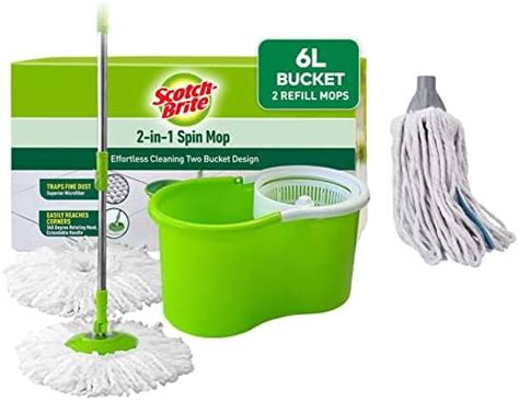 Scotch-Brite 2-in-1 Bucket Spin Mop (Green, 2 Refills) & Plastic Handle ...