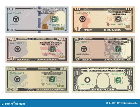 Set of One Hundred, Fifty, Twenty, Ten, Five Dollars and One Dollar ...