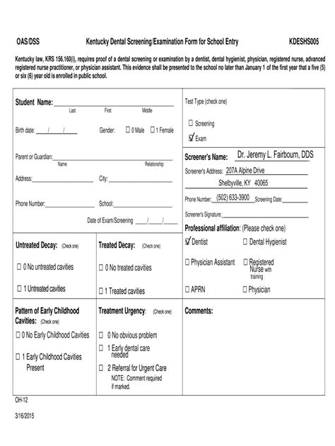 Fillable Online Get the Kentucky Dental Screening/Examination Form for ...