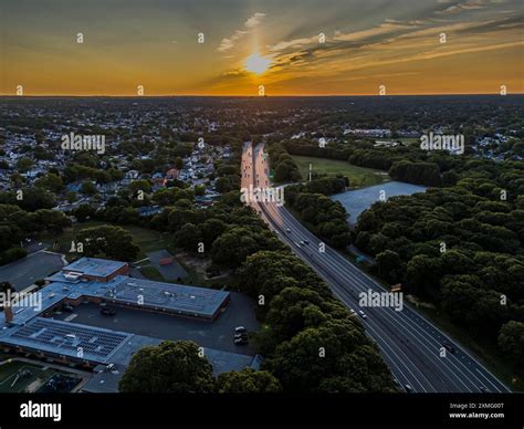 An aerial view of the Southern State Parkway at sunset in Valley Stream ...