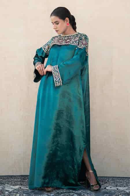 Buy Blue Velvet Embroidery, Zari Round Neck Kaftan For Women by Wazir C ...